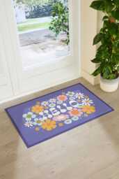 Elizabeth Olwen Hello Floral Indoor Outdoor Doormat - Botanical Entrance Rug Retro Flower Decor Housewarming Gift 90x60cm