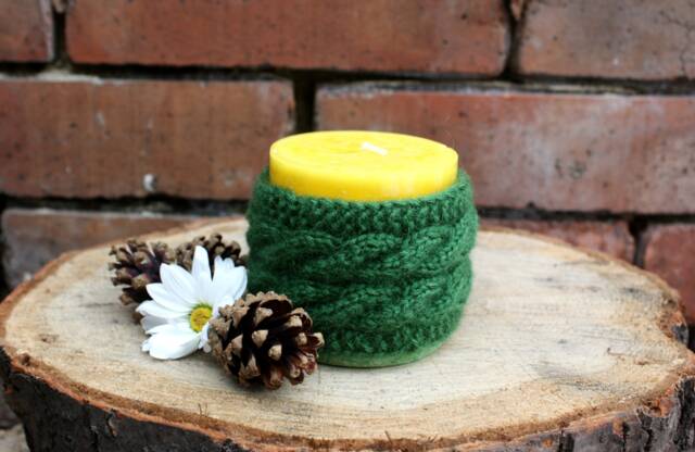 Knit Candle Cozy With Candle, Knitted Holder, Green Aromatic Yellow Hygge Style, Cute Home Decor - image 1