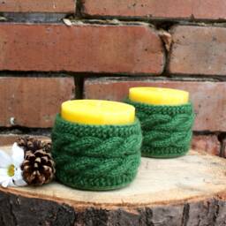 Knit Candle Cozy With Candle, Knitted Holder, Green Aromatic Yellow Hygge Style, Cute Home Decor - thumbnail 3