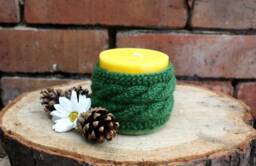 Knit Candle Cozy With Candle, Knitted Holder, Green Aromatic Yellow Hygge Style, Cute Home Decor - thumbnail 1
