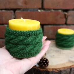 Knit Candle Cozy With Candle, Knitted Holder, Green Aromatic Yellow Hygge Style, Cute Home Decor - thumbnail 2