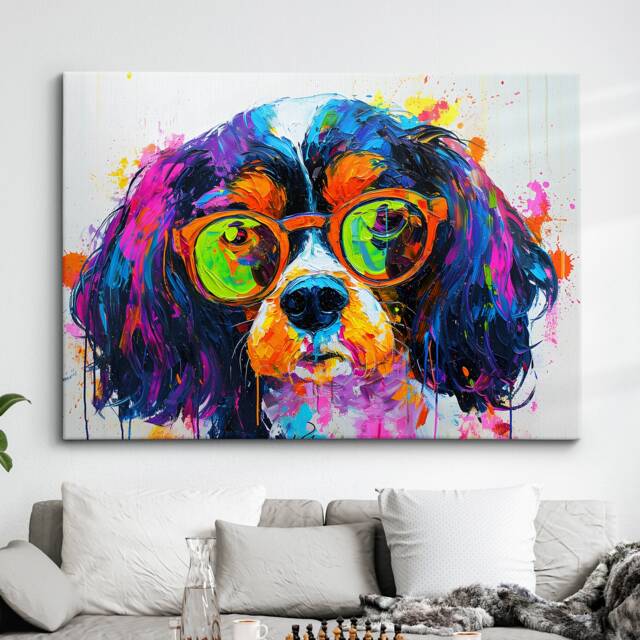 Colorful Cavalier King Charles Spaniel Modern Oil Painting Wall Art Framed Canvas Poster Print Home Kitchen Office Room Decor Dog Gift Ideas - image 1