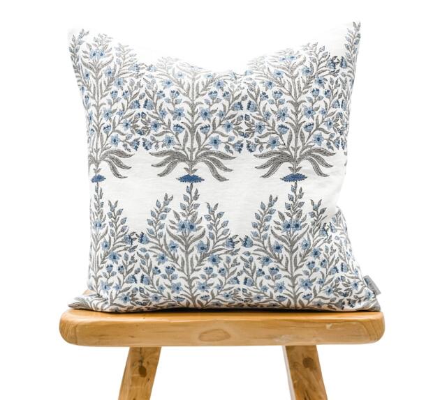Designer Floral Blue & Grey On Off White Linen Pillow Cover, Cover, Boho Pillow, Decorative Throw Farmhouse - image 1