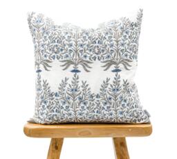 Designer Floral Blue & Grey On Off White Linen Pillow Cover, Cover, Boho Pillow, Decorative Throw Farmhouse - thumbnail 1