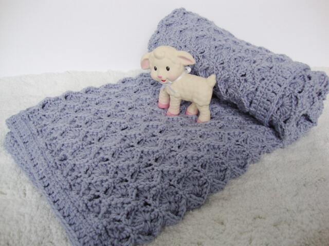Hand-Crocheted Merino Wool Baby Blanket Lavender Blue Newborn Gift - image 1