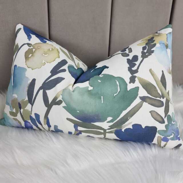 12x20 Floral Lumbar Cushion Cover - Blue Bloom Meadow Pillow John Lewis Fabric Rectangular Cotton Throw Double Sided Handmade - image 1