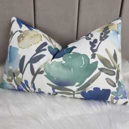 12x20 Floral Lumbar Cushion Cover - Blue Bloom Meadow Pillow John Lewis Fabric Rectangular Cotton Throw Double Sided Handmade