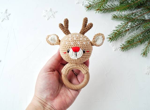Reindeer Wooden Baby Toy, Personalized Gift, First Christmas Gender Neutral Gift For Newborn, Shower - image 1