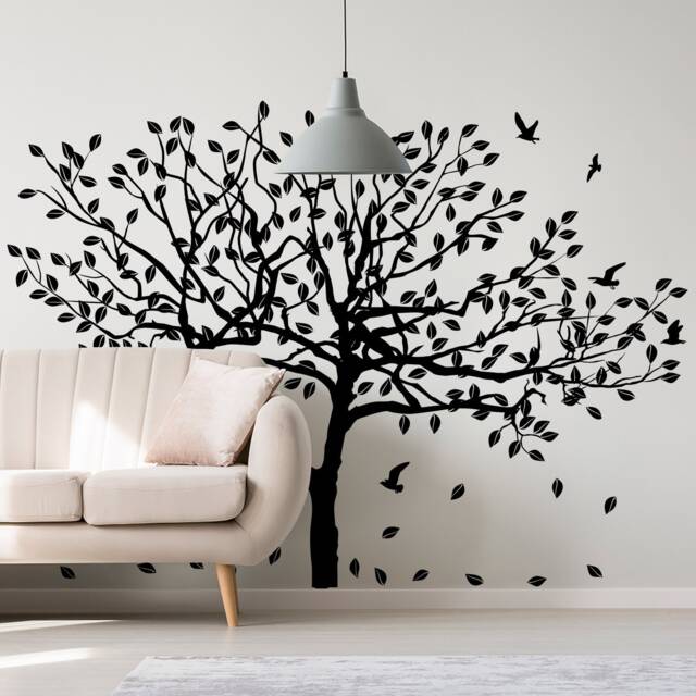 Tree Wall Decal Sticker - Birch Art Vinyl Nursery Stickers Nature Botanical Trees Decals Forest Decor Natural Big Leaf Peel & Stick - image 1