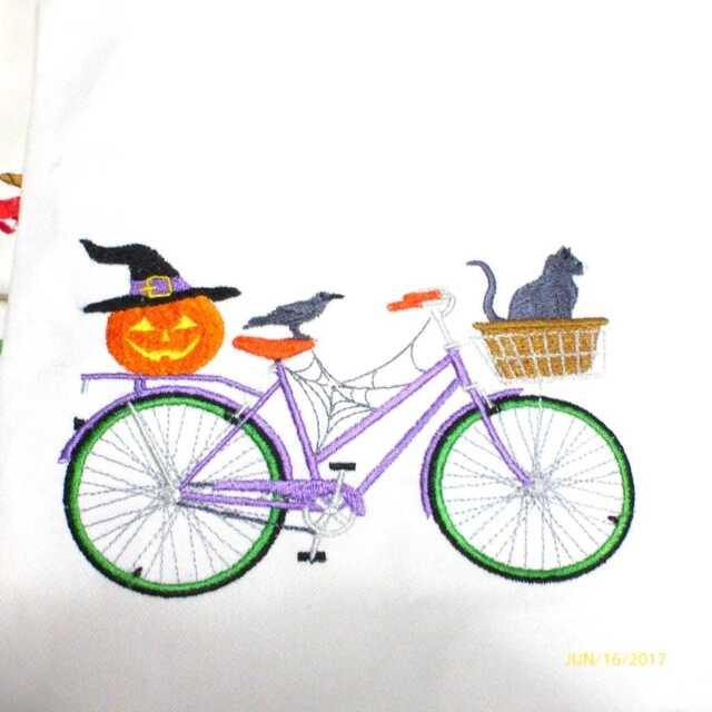 Halloween Embroidered Bike Pillow Cover, Purple Bicycle With Black Cat, Jack-O-Lantern & Raven - image 1