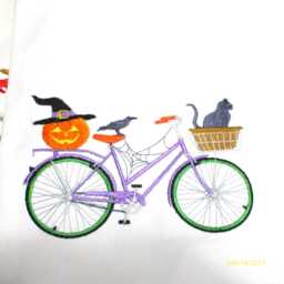 Halloween Embroidered Bike Pillow Cover, Purple Bicycle With Black Cat, Jack-O-Lantern & Raven - thumbnail 1