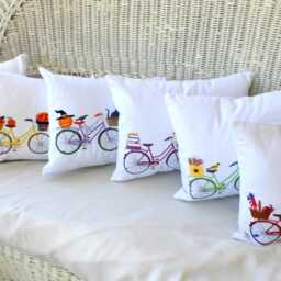 Halloween Embroidered Bike Pillow Cover, Purple Bicycle With Black Cat, Jack-O-Lantern & Raven - thumbnail 2