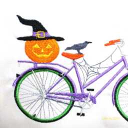Halloween Embroidered Bike Pillow Cover, Purple Bicycle With Black Cat, Jack-O-Lantern & Raven - thumbnail 4