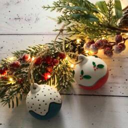 Ceramic Christmas Festive Red Holly & Teal Polka Dot Baubles - thumbnail 4