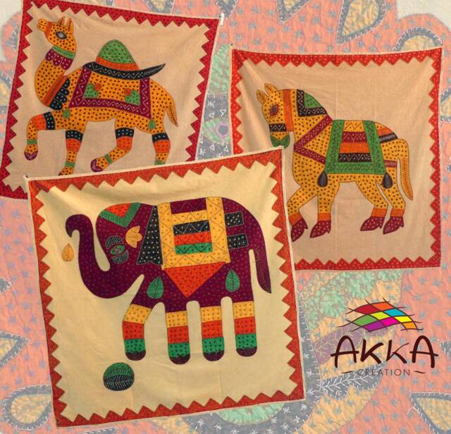Wall Hanging, Door Curtain, in Cotton Saffron Stone Wash Canvas With Elephant, Camel Or Embroidered Horse Applique - image 1