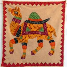 Wall Hanging, Door Curtain, in Cotton Saffron Stone Wash Canvas With Elephant, Camel Or Embroidered Horse Applique - thumbnail 3