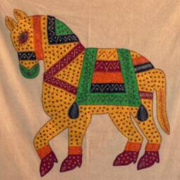 Wall Hanging, Door Curtain, in Cotton Saffron Stone Wash Canvas With Elephant, Camel Or Embroidered Horse Applique - thumbnail 4