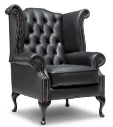 Chesterfield Highback Queen Anne Chair Genuine Black Leather