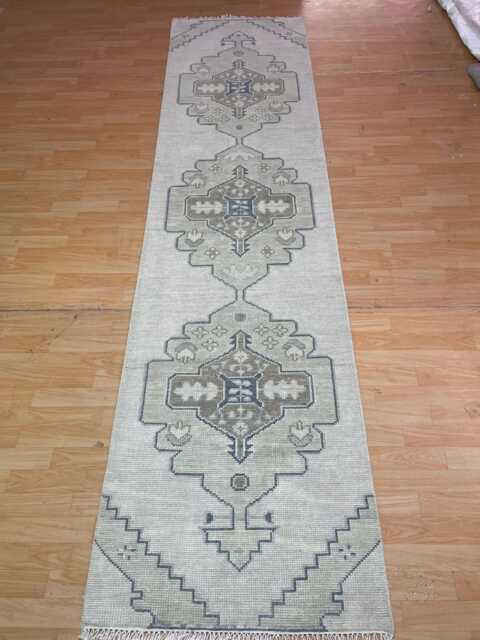 Handmade Wool Oushak Runner Rug - Beige Geometric Hallway, Farmhouse Decor - image 1