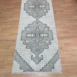 Handmade Wool Oushak Runner Rug - Beige Geometric Hallway, Farmhouse Decor - thumbnail 2