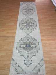 Handmade Wool Oushak Runner Rug - Beige Geometric Hallway, Farmhouse Decor - thumbnail 1