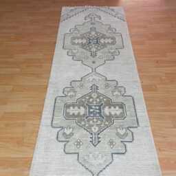 Handmade Wool Oushak Runner Rug - Beige Geometric Hallway, Farmhouse Decor - thumbnail 4