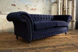 British Handmade 3 Seater Navy Blue Stain Resistant Durable Velvet Fabric Chesterfield Sofa - thumbnail 1
