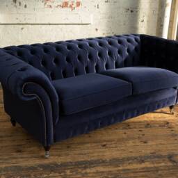British Handmade 3 Seater Navy Blue Stain Resistant Durable Velvet Fabric Chesterfield Sofa - thumbnail 2