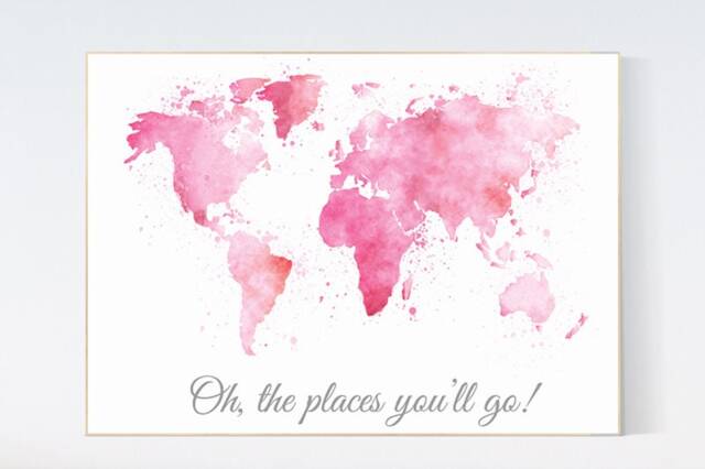 Pink Watercolor World Map Print Nursery Wall Art - image 1