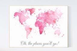 Pink Watercolor World Map Print Nursery Wall Art - thumbnail 1