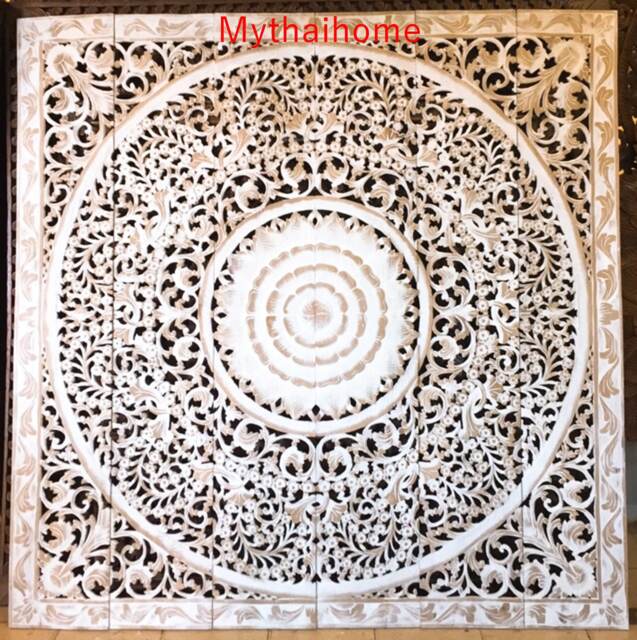 Large King Size Bed Bohemian Headboard 6Ft Decorative Lotus Flower Wooden Hand Carved Teak Wood Art Panel Panels White Wall Home Decor Thai - image 1