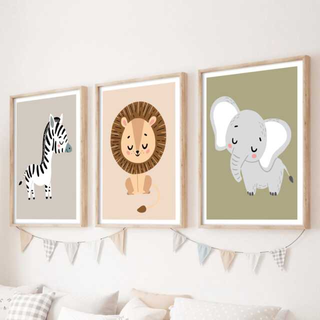 Safari Animal Nursery Prints Set Of 3 Jungle Baby Lion Elephant Zebra Wall Art - image 1