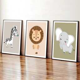 Safari Animal Nursery Prints Set Of 3 Jungle Baby Lion Elephant Zebra Wall Art - thumbnail 3