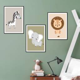 Safari Animal Nursery Prints Set Of 3 Jungle Baby Lion Elephant Zebra Wall Art - thumbnail 2