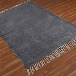 Handwoven Cotton Kilim Rug Gray Block Print, Boho Style - thumbnail 2