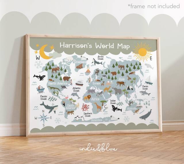 Personalised World Map Print, Animal Map, Kids Poster, Scandi Decor, Educational Playroom Prints, Wall Art - image 1