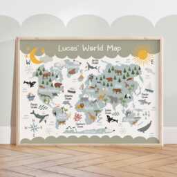 Personalised World Map Print, Animal Map, Kids Poster, Scandi Decor, Educational Playroom Prints, Wall Art - thumbnail 3