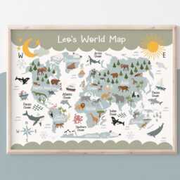 Personalised World Map Print, Animal Map, Kids Poster, Scandi Decor, Educational Playroom Prints, Wall Art - thumbnail 2