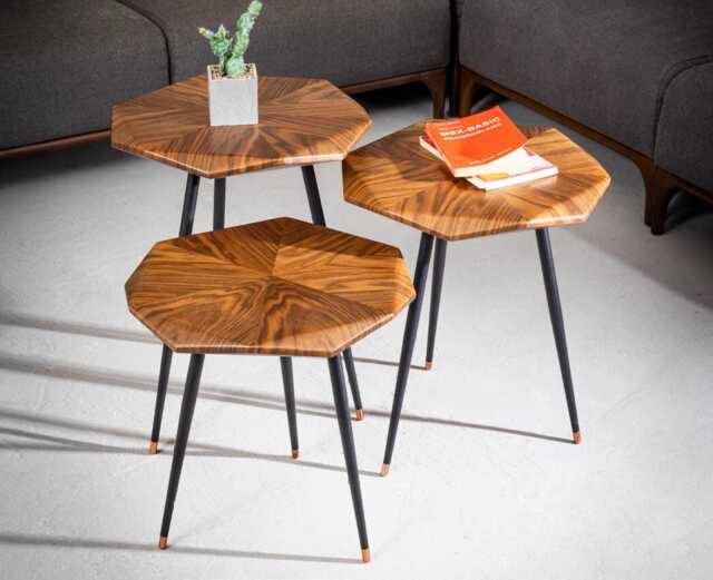 Modern Hexagon Nesting Tables Set, Walnut Wood Side With Black Metal Legs - image 1