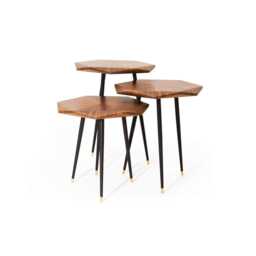 Modern Hexagon Nesting Tables Set, Walnut Wood Side With Black Metal Legs - thumbnail 2