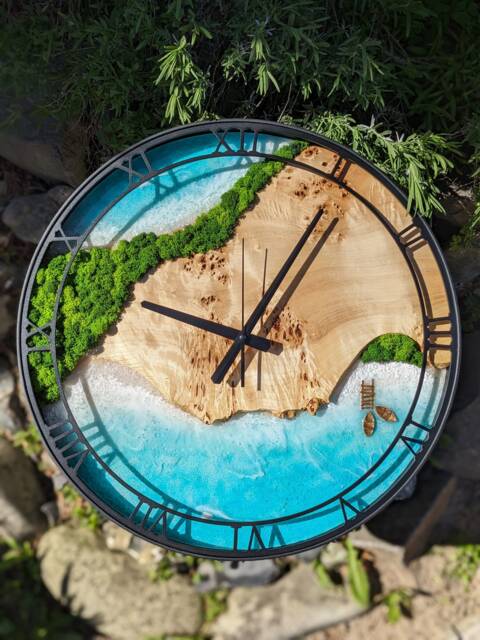 Custom Moss & Wood Wall Clock With Epoxy Resin Art - image 1