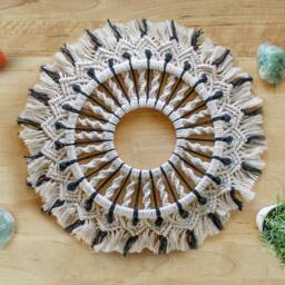 Large Sunburst Sun Moon Macrame Wall Hanging Mandala Tribal Black White Tapestry Coastal Boho Decor - thumbnail 2