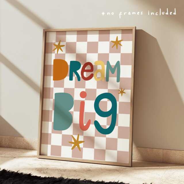 Dream Big Print in Bright Colours, Checkered Decor, Colourful Children's Nursery Bedroom Teen Wall Art - image 1