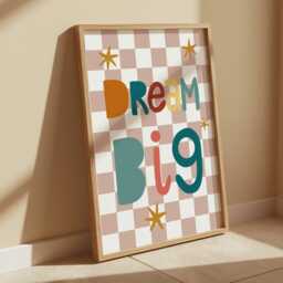Dream Big Print in Bright Colours, Checkered Decor, Colourful Children's Nursery Bedroom Teen Wall Art - thumbnail 3