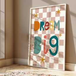 Dream Big Print in Bright Colours, Checkered Decor, Colourful Children's Nursery Bedroom Teen Wall Art - thumbnail 2
