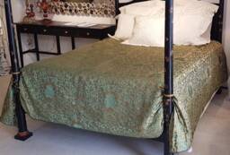 Luxury Bedding King Size Bedspread Green & Gold Silk Jacquard Rubelli Fabric Les Indes Galantes Pattern - Handmade in Italy