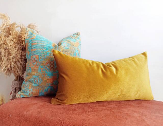 Mustard Yellow Velvet Lumbar Pillow Cover, Turkish Kilim Pattern - image 1
