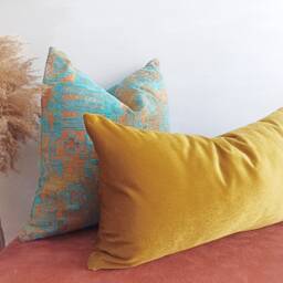 Mustard Yellow Velvet Lumbar Pillow Cover, Turkish Kilim Pattern - thumbnail 3