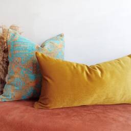 Mustard Yellow Velvet Lumbar Pillow Cover, Turkish Kilim Pattern - thumbnail 2