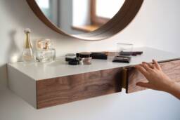 Minimalist White Floating Dressing Table/Vanity Shelf With Walnut Drawers